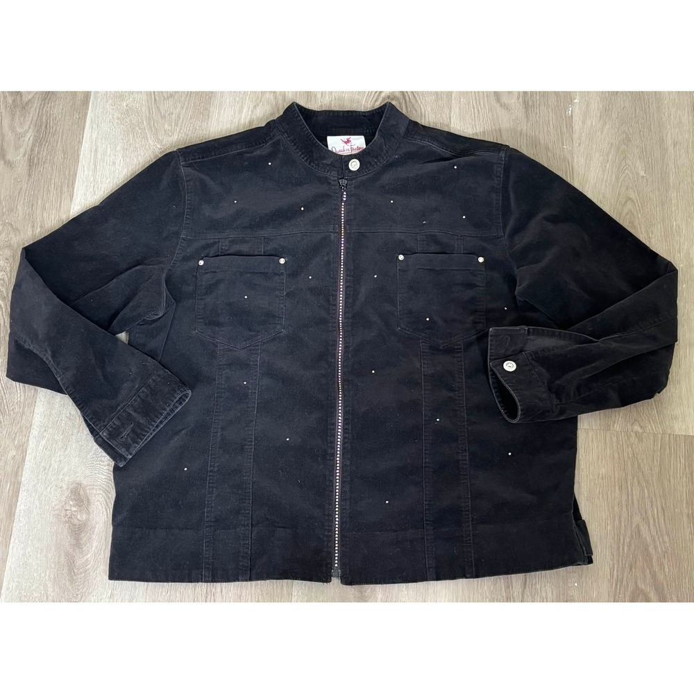 Quacker Factory Black Corduroy Rhinestone Zip Front Jacket XL Womens Sparkle
